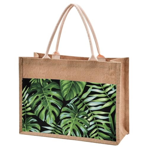 Jute Burlap Tote Green Tropical Palm Leaves Exotic Watercolor Summer Black Large Beach Bag Reusable Grocery Shopping Storage Bag