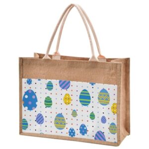 jute burlap tote easter eggs polka dots cute blue white large beach bag reusable grocery shopping storage bag