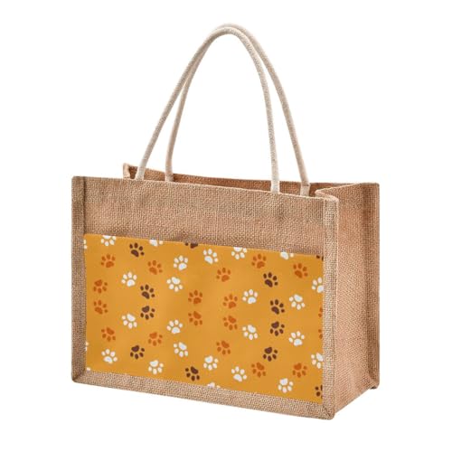 Jute Tote Burlap Bag Orange Footprints Dog Cat Dots Cartoon Autumn Thanksgiving Day Gift Bag Women DIY Work Grocery Storage Bag