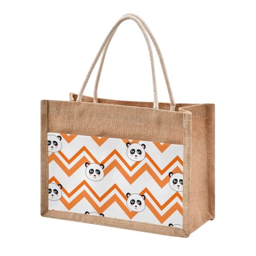 Jute Tote Burlap Bag Cute Panda Animal Zigzag Striped Orange Gift Bag Women DIY Work Grocery Storage Bag