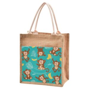 Jute Burlap Tote Bag Green Monkey Banana Palm Leaves Tropical Cute Animal Large Capacity Reusable Grocery Shopping Storage Bag