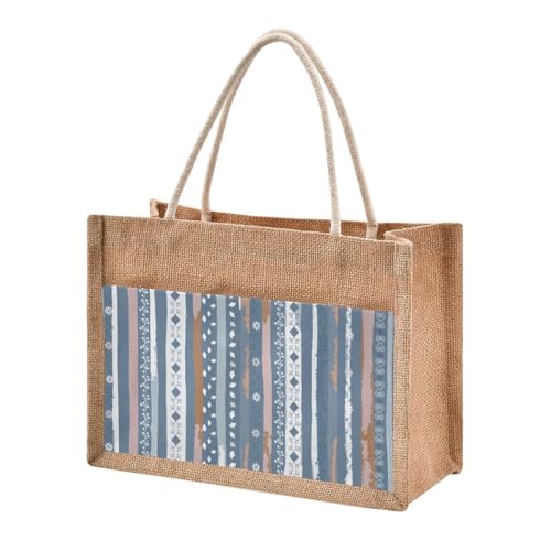 Jute Tote Burlap Bag Bohemian Striped Floral Flowers Leaves Tribal Ethnic Blue Gift Bag Women DIY Work Grocery Storage Bag