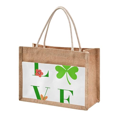 Jute Tote Burlap Bag Green Love Letter Clover Shamrock St Patrick's Day Gift Bag Women DIY Work Grocery Storage Bag