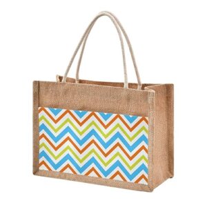 jute tote burlap bag zigzag striped geometric classic blue green gift bag women diy work grocery storage bag