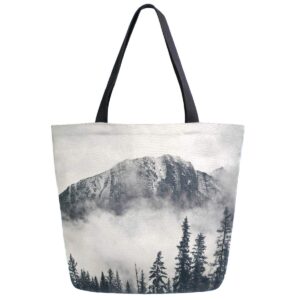 ZzWwR Stylish Banff National Park Foggy Mountains and Forest Extra Large Canvas Beach Travel Reusable Grocery Shopping Tote Bag Portable Storage HandBag