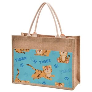 jute burlap tote tiger letter paw footprints cute blue large beach bag reusable grocery shopping storage bag