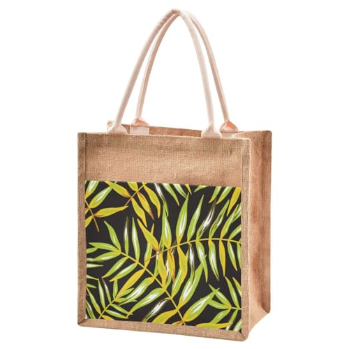 Jute Burlap Tote Bag Tropical Palm Leaves Exotic Watercolor Summer Green Large Capacity Reusable Grocery Shopping Storage Bag