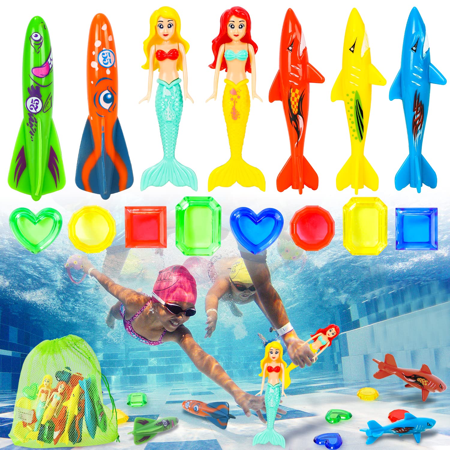 TOY Life 16Pcs Swimming Pool Dive Toys for Kids Swim Toys for Kids Practice Diving Swimming Toys with Pool Torpedo Gliding Shark Pool Mermaid Toys Underwater Diving Game Water Games for Boys and Girls