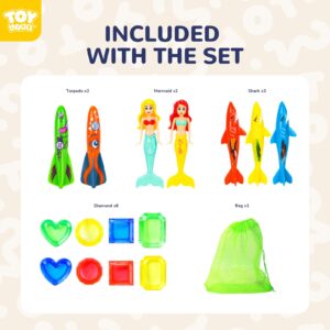 TOY Life 16Pcs Swimming Pool Dive Toys for Kids Swim Toys for Kids Practice Diving Swimming Toys with Pool Torpedo Gliding Shark Pool Mermaid Toys Underwater Diving Game Water Games for Boys and Girls