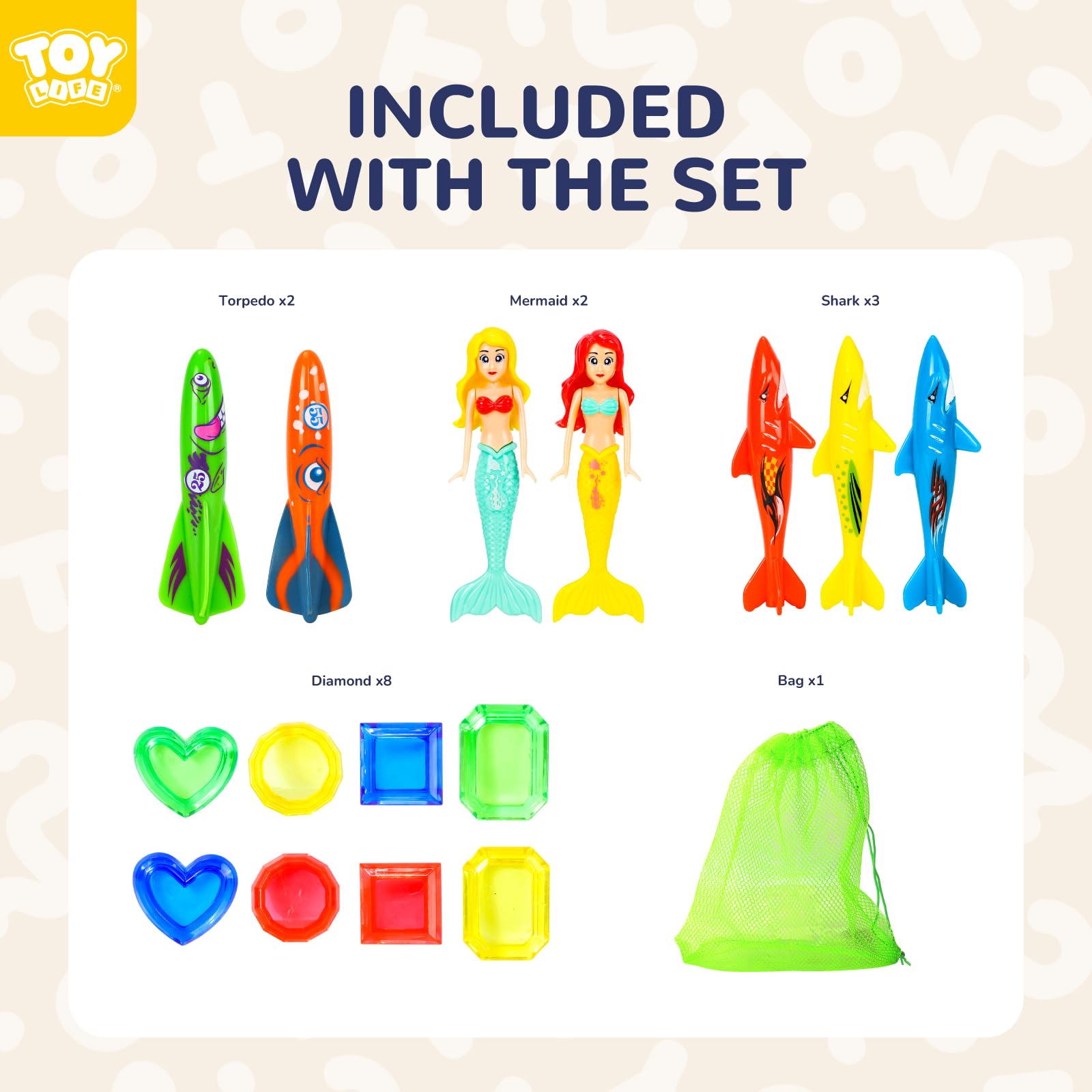 TOY Life 16Pcs Swimming Pool Dive Toys for Kids Swim Toys for Kids Practice Diving Swimming Toys with Pool Torpedo Gliding Shark Pool Mermaid Toys Underwater Diving Game Water Games for Boys and Girls