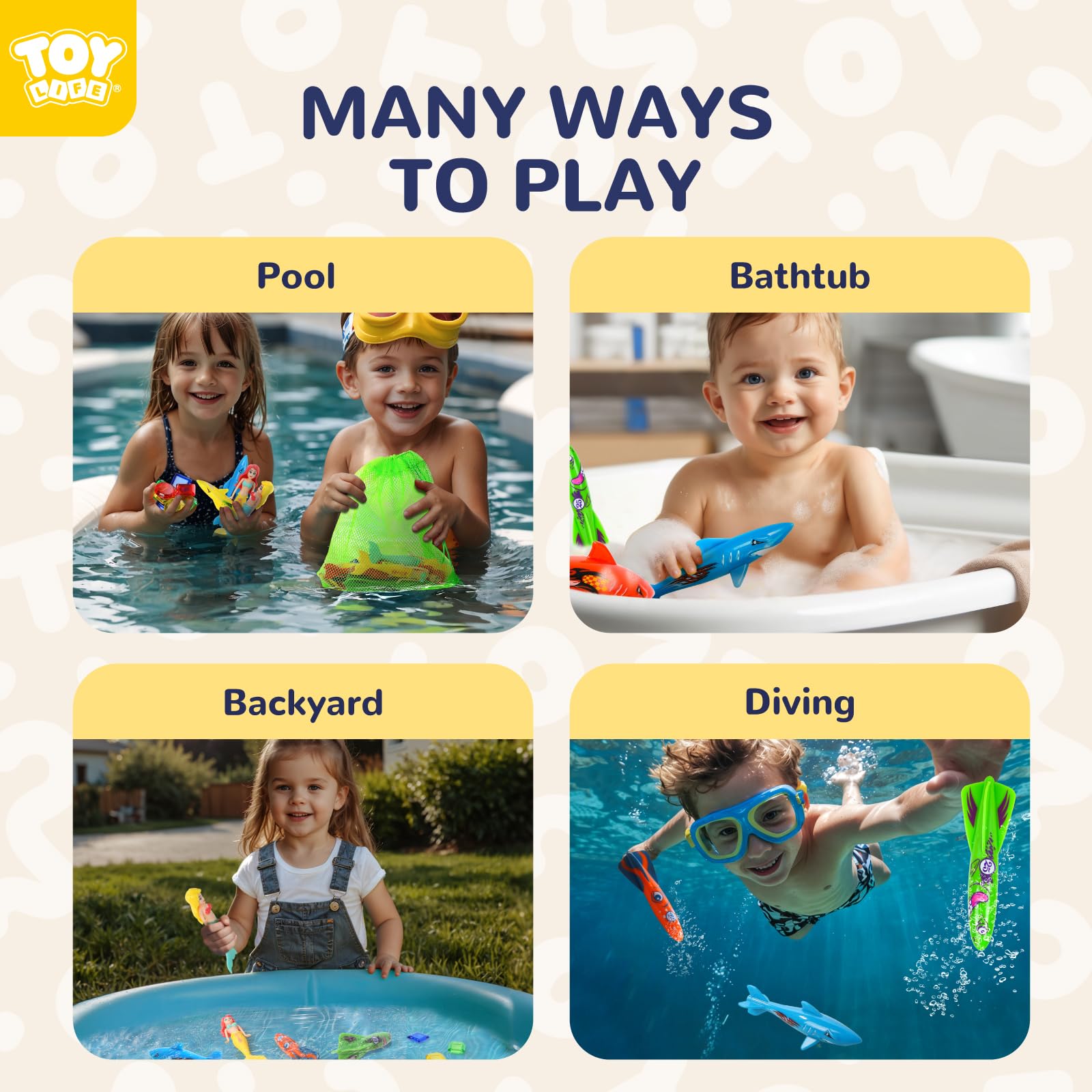 TOY Life 16Pcs Swimming Pool Dive Toys for Kids Swim Toys for Kids Practice Diving Swimming Toys with Pool Torpedo Gliding Shark Pool Mermaid Toys Underwater Diving Game Water Games for Boys and Girls