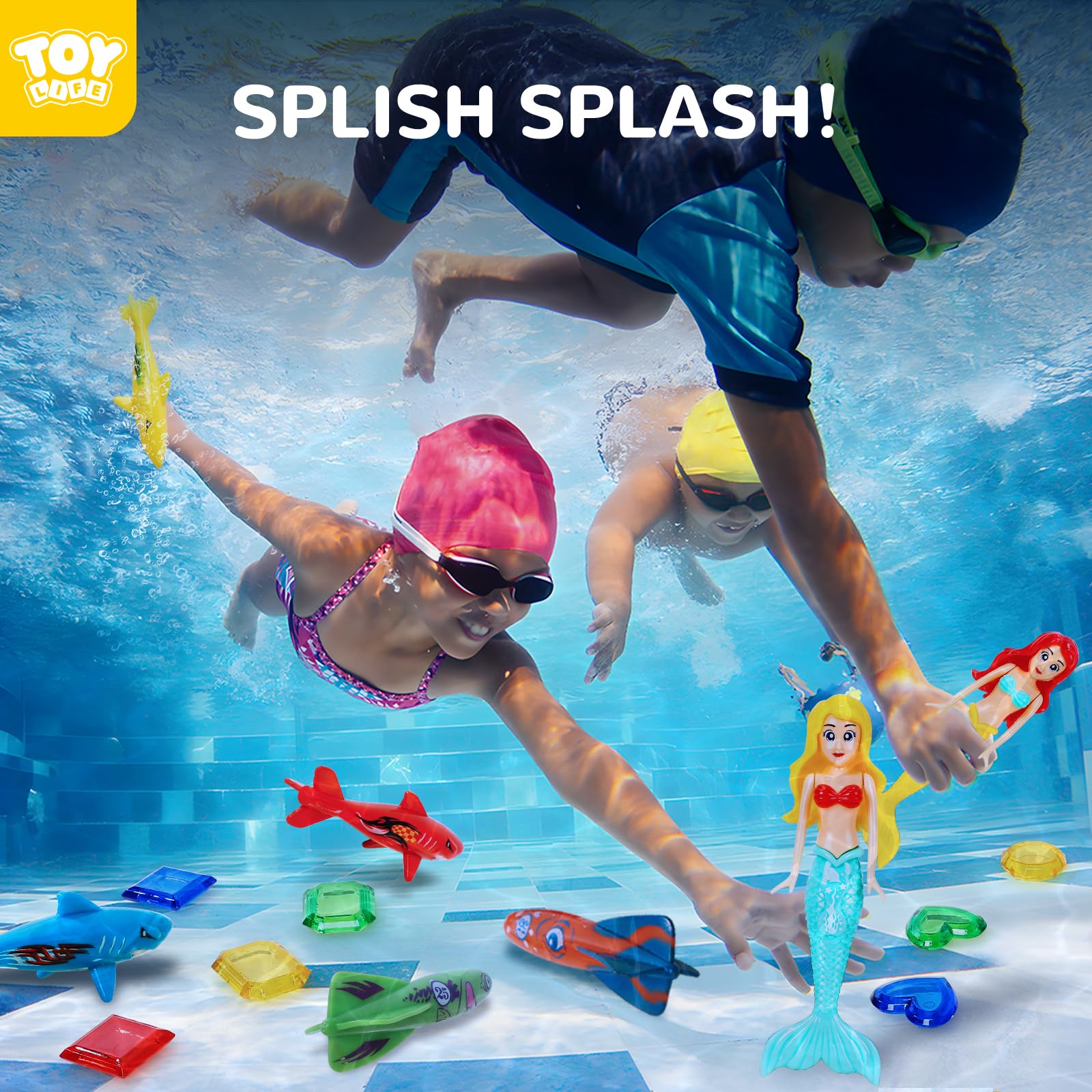 TOY Life 16Pcs Swimming Pool Dive Toys for Kids Swim Toys for Kids Practice Diving Swimming Toys with Pool Torpedo Gliding Shark Pool Mermaid Toys Underwater Diving Game Water Games for Boys and Girls