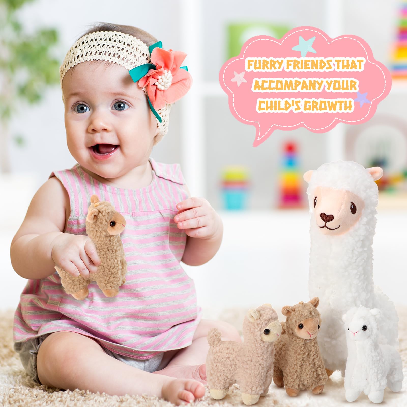 Jenaai Llama Stuffed Animals with 4 Baby Llamas Cute Alpaca Plush Set Kawaii Llama Soft Pillow Dolls for Kids Girls Birthday Wedding Anniversary Presents Home Sofa Decorations