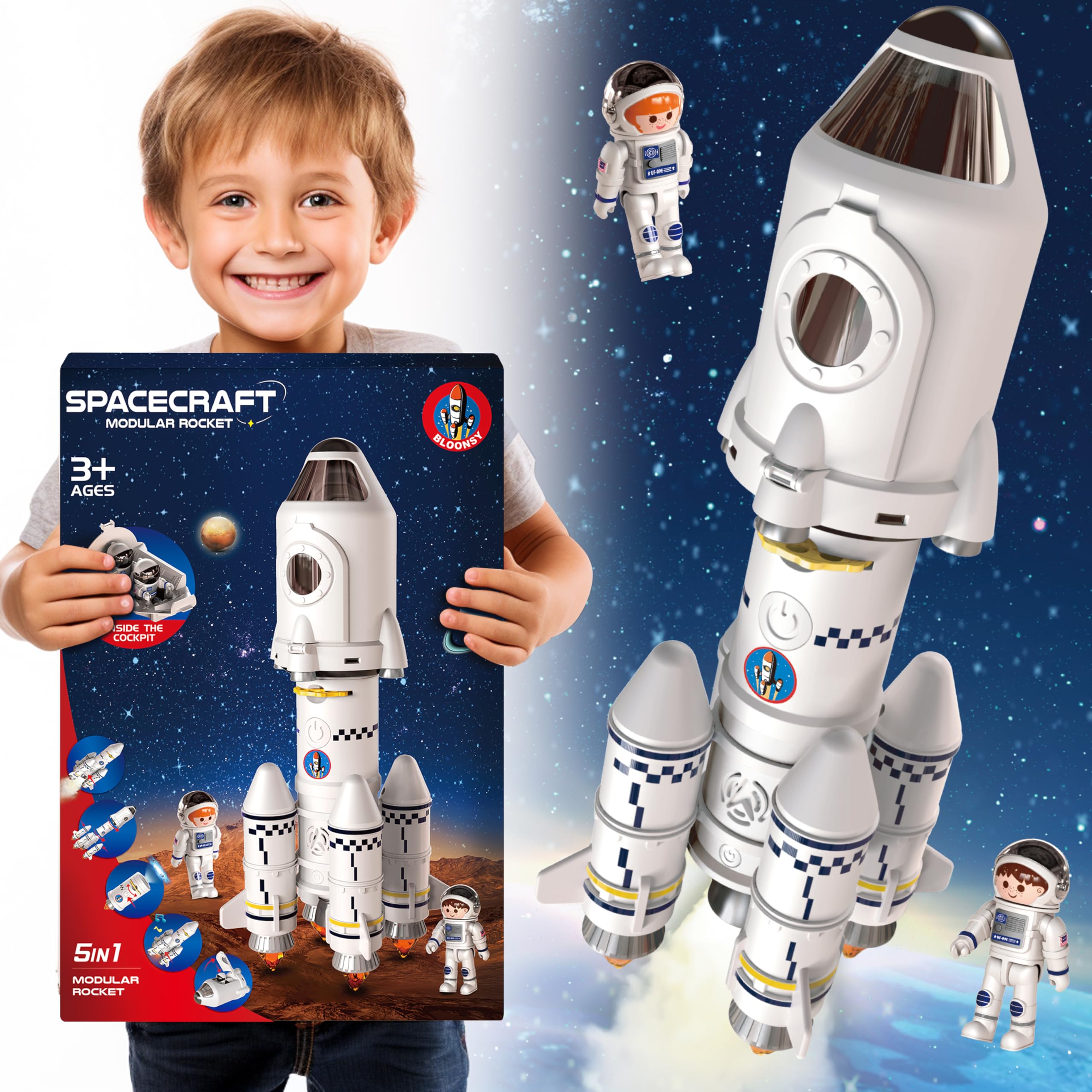 BLOONSY Rocket Ship Toys for Kids | Space Shuttle Toys Model with Astronaut Figures | Space Toys for Kids 3 5 8 10 Years Old