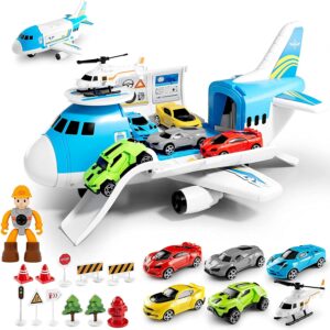 love life airplane toy set transport cargo plane play toy gift for 3 4 5 6 years old boys girls kids,aircraft vehicle toys with 5 mini cars,helicopter and construction worker