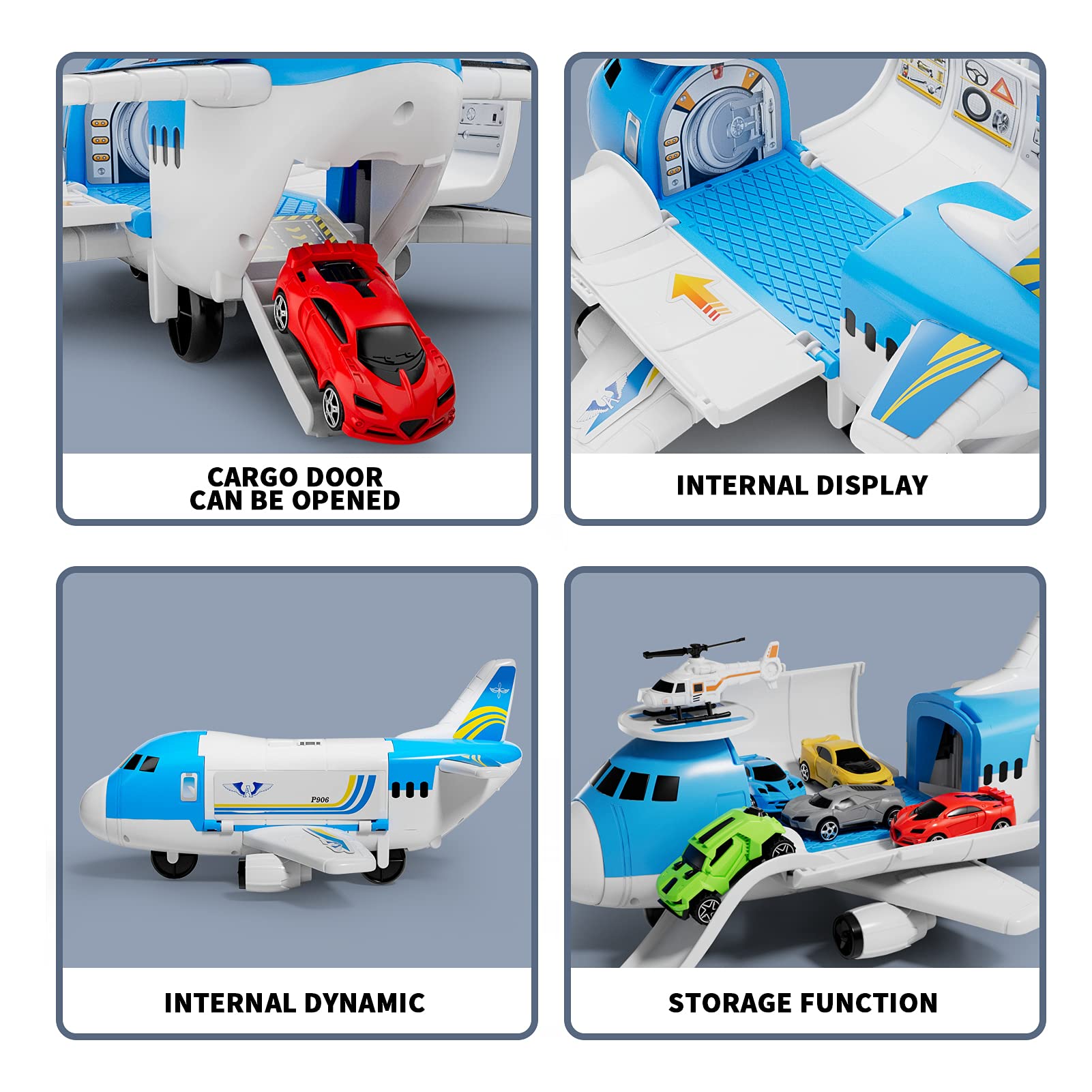 LOVE LIFE Airplane Toy Set Transport Cargo Plane Play Toy Gift for 3 4 5 6 Years Old Boys Girls Kids,Aircraft Vehicle Toys with 5 Mini Cars,Helicopter and Construction Worker