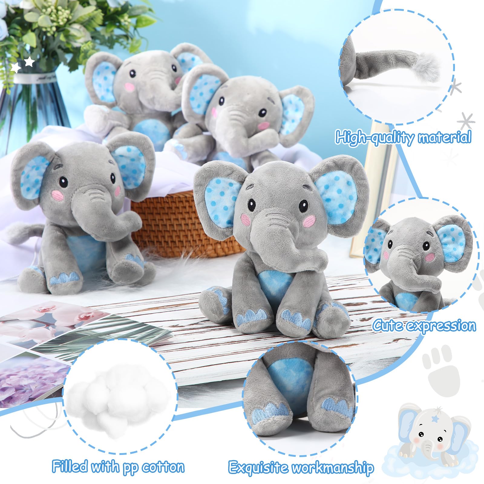 Libima 4 Pcs Small Elephant Stuffed Animals Bulk 6 Inch Cute Elephant Plush Sets Soft Cuddly Stuffed Elephants for Boys Girls Baby Birthday Baby Shower Gender Reveal Party Supplies Decor (Blue)