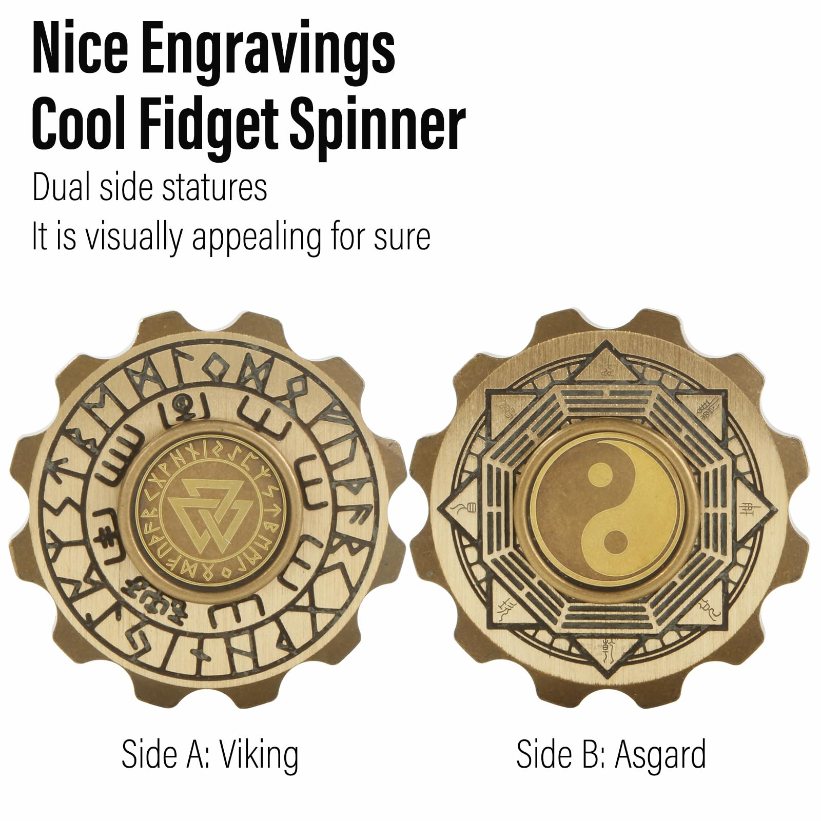 Freelove Viking Pirate & Gossip Design Fidgets Spinners, Copper Metal Spinner Fidget Toy Prime for Adults, Premium Bearing for 4~6 Mins, Autism Sensory ADHD Anxiety Stress Reduce Figet Spiner, Brass