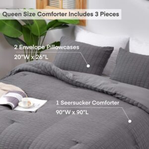 AveLom Seersucker Queen Comforter Set (90x90 inches), 3 Pieces- 100% Soft Washed Microfiber Lightweight Comforter with 2 Pillowcases, All Season Down Alternative Comforter Set for Bedding, Grey