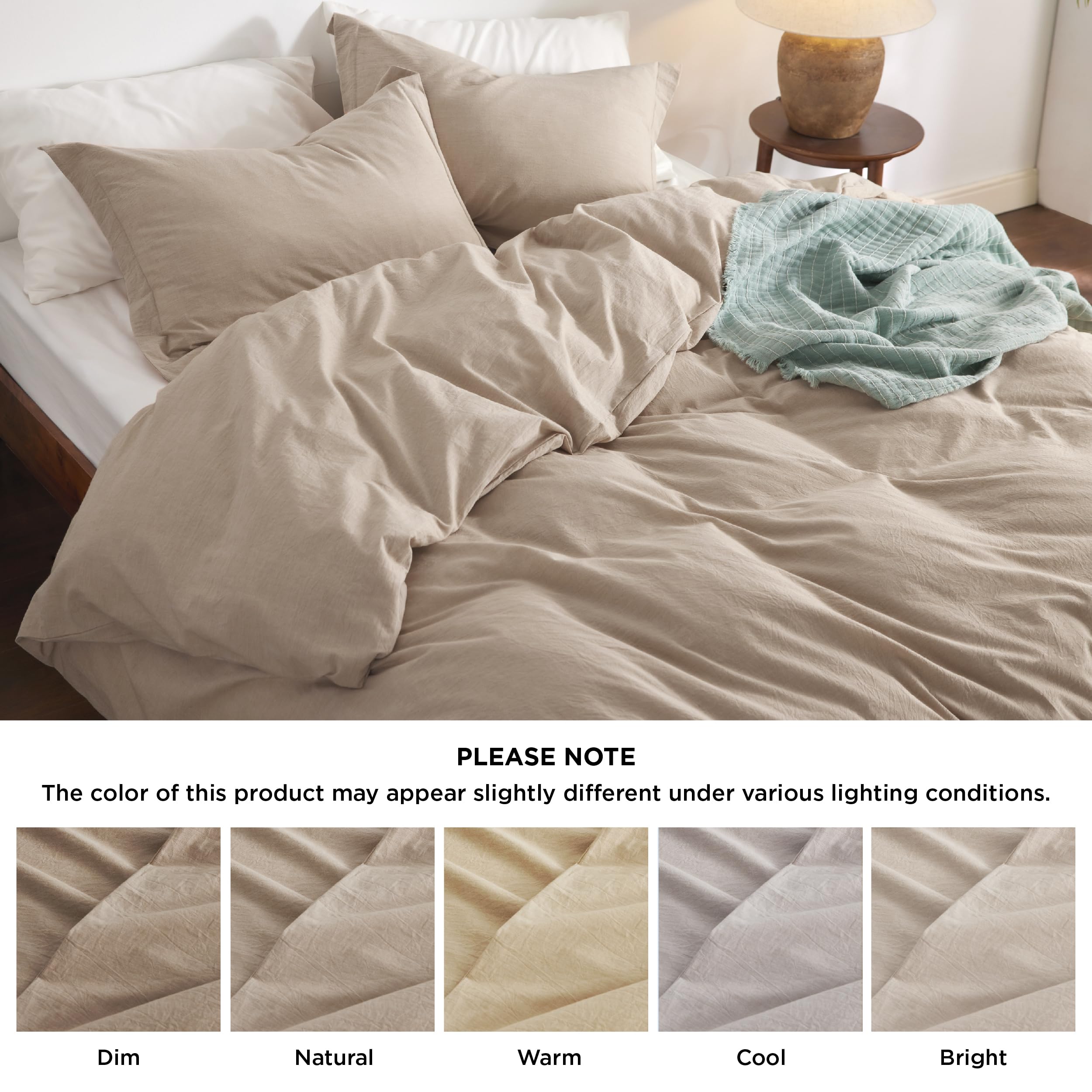 Bedsure 100% Washed Cotton Duvet Cover King Size - Warm Sand Minimalist Duvet Cover Set Linen Like - 3 Pieces Plain Simple Cotton Duvet Cover Set with 2 Pillow Shams (Warm Sand, King, 104"x90")