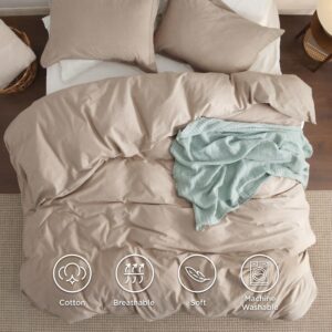 Bedsure 100% Washed Cotton Duvet Cover King Size - Warm Sand Minimalist Duvet Cover Set Linen Like - 3 Pieces Plain Simple Cotton Duvet Cover Set with 2 Pillow Shams (Warm Sand, King, 104"x90")