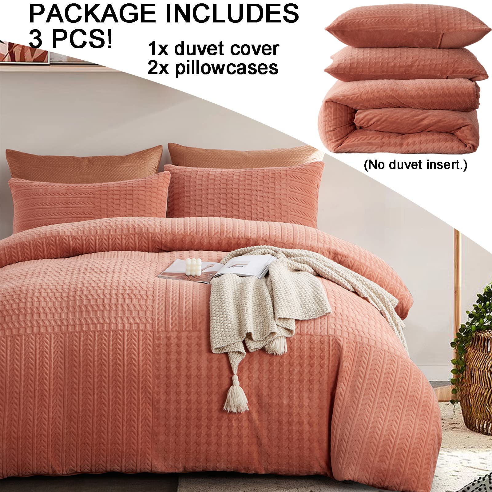 MorroMorn Queen Duvet Cover Set, 3 PCS Boho Queen Bedding Sets Luxury Plush 3D Embossed - 1 Fluffy Comforter Cover 2 Pillowcases, Soft Blanket Blush Pink Orange (Rust Terracotta, Full/Queen)