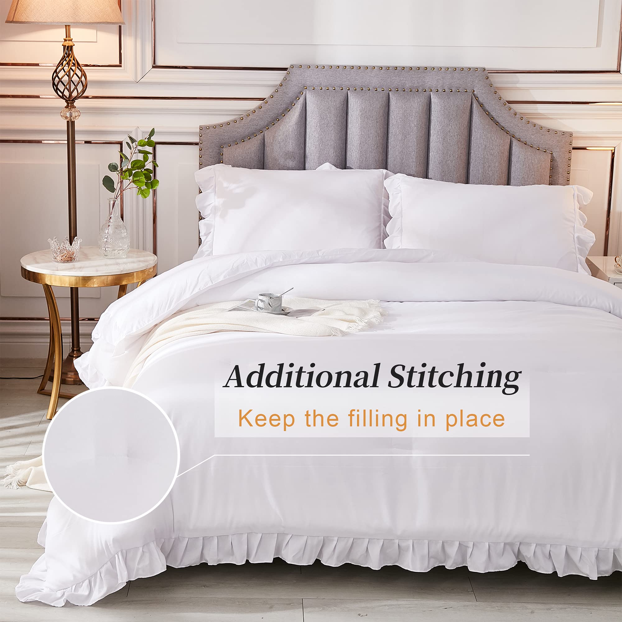 Andency White Comforters Queen Size, 3 Pieces Solid Shabby Chic Farmhouse Bedding Comforters & Sets, Lightweight Fluffy All Season Soft Down Alternative Bed Set for Women Men