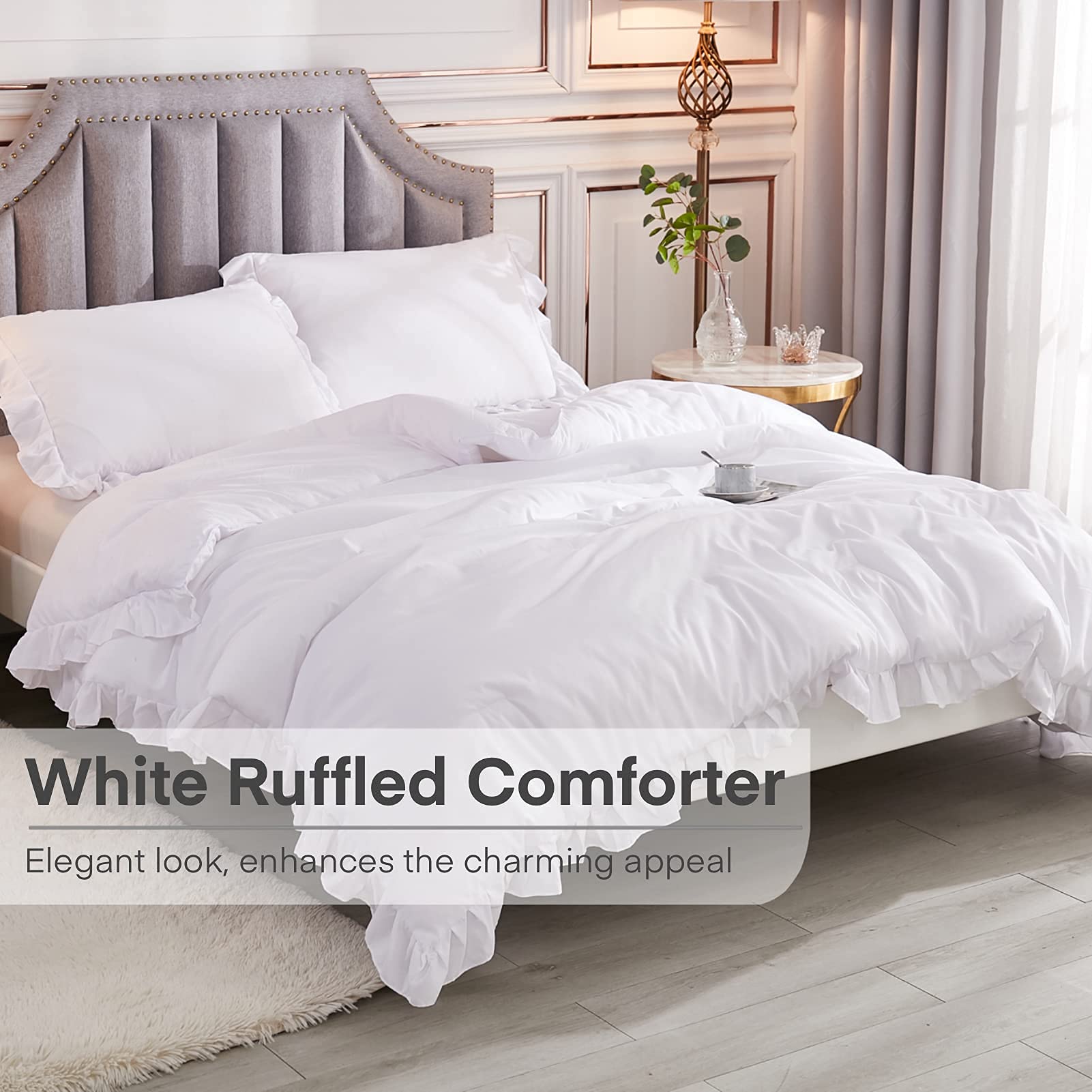 Andency White Comforters Queen Size, 3 Pieces Solid Shabby Chic Farmhouse Bedding Comforters & Sets, Lightweight Fluffy All Season Soft Down Alternative Bed Set for Women Men