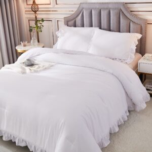 Andency White Comforters Queen Size, 3 Pieces Solid Shabby Chic Farmhouse Bedding Comforters & Sets, Lightweight Fluffy All Season Soft Down Alternative Bed Set for Women Men