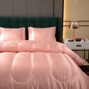 Satin Comforter Queen Silk Like Satin Comforter Down Alternative Comforter Soft Polyester Filling Silky Bed Comforter Pink Girls Comforter 1 Comforter 2 Pillowcase (Queen, Pink)