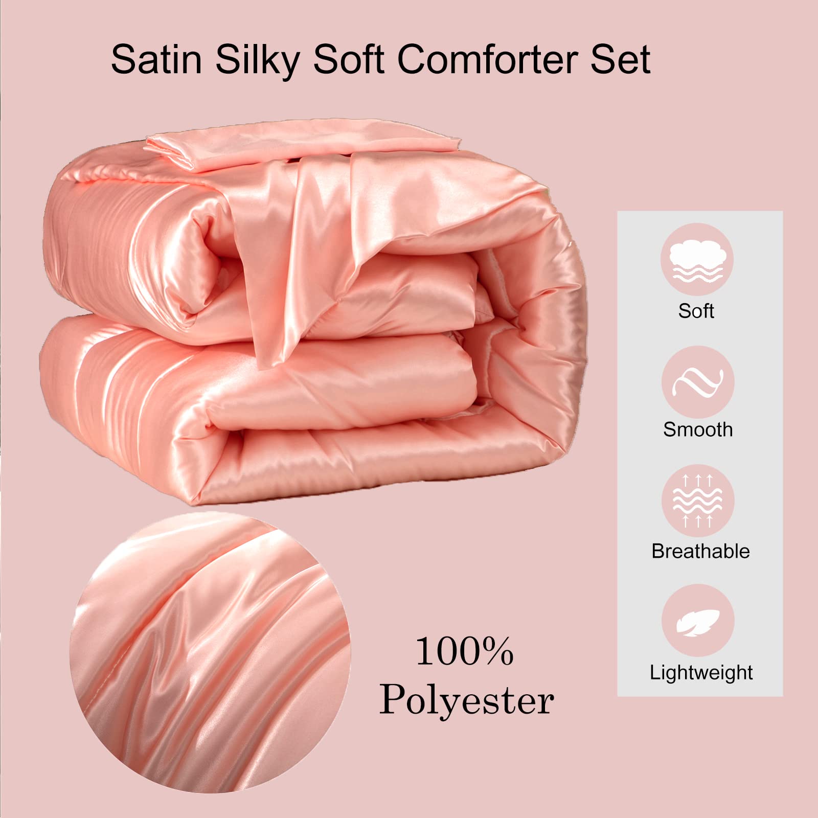 Satin Comforter Queen Silk Like Satin Comforter Down Alternative Comforter Soft Polyester Filling Silky Bed Comforter Pink Girls Comforter 1 Comforter 2 Pillowcase (Queen, Pink)