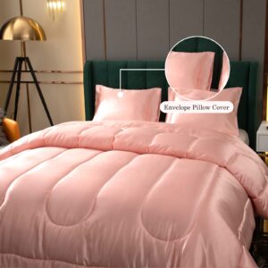 Satin Comforter Queen Silk Like Satin Comforter Down Alternative Comforter Soft Polyester Filling Silky Bed Comforter Pink Girls Comforter 1 Comforter 2 Pillowcase (Queen, Pink)