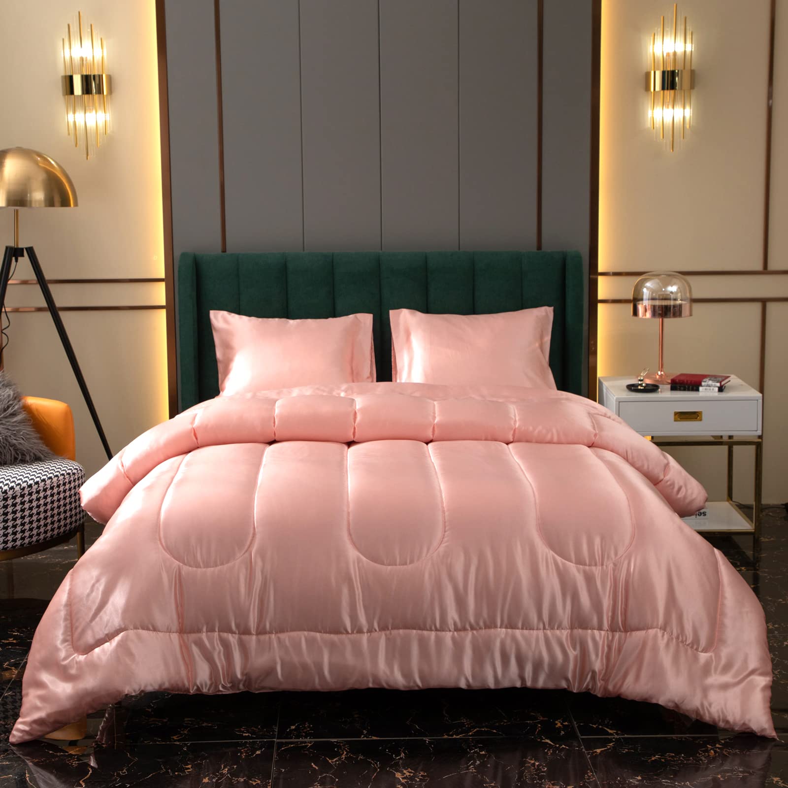 Satin Comforter Queen Silk Like Satin Comforter Down Alternative Comforter Soft Polyester Filling Silky Bed Comforter Pink Girls Comforter 1 Comforter 2 Pillowcase (Queen, Pink)