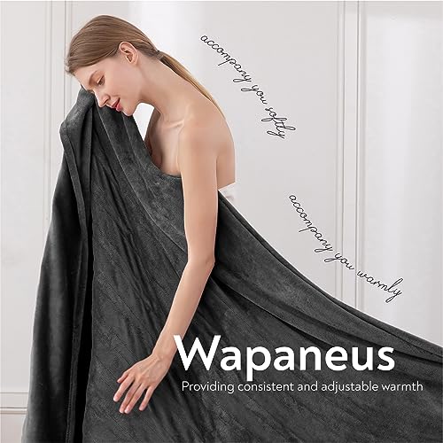 Wapaneus Foot Pocket Heated Blanket Electric Throw with 10 Heating Levels and Auto Shut Off, Flannel Fast-Heating Heated Throw 50" x 60", Machine Washable, Dark Grey