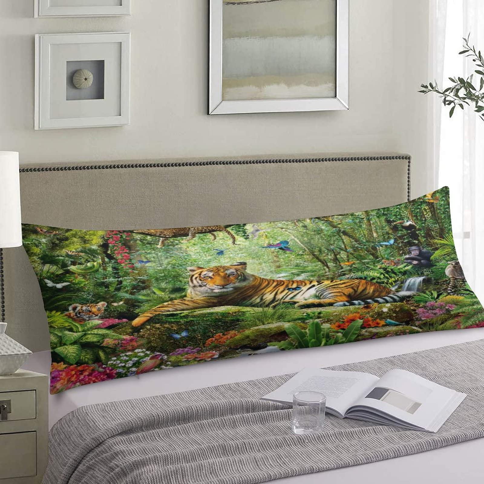 AIRMARK Body Pillow Cover,Forest Animal in Tropical Rainforest Landscape Printed Long Pillow Cases Protector with Zipper Decor Soft Large Covers Cushion for Beding,Couch,Sofa,Home Gift 20"x54"