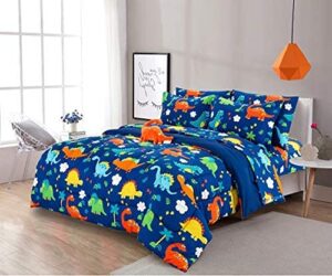 linentopia 8 piece dinosaur queen bedding set for boys, bed in a bag, kids comforter set with bed sheets, pillow case, toy pillow, toddler bedroom kit, dinosaur room decor for boys, queen size