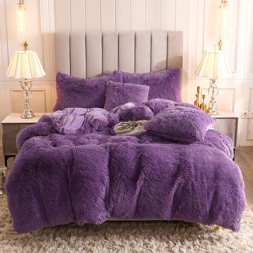 Uhamho Faux Fur Velvet Fluffy Bedding Duvet Cover Set Down Comforter Quilt Cover with Pillow Shams, Ultra Soft Warm (Queen, Purple)