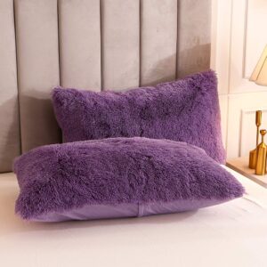 Uhamho Faux Fur Velvet Fluffy Bedding Duvet Cover Set Down Comforter Quilt Cover with Pillow Shams, Ultra Soft Warm (Queen, Purple)