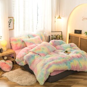 MorroMorn 5 PCS Shaggy Duvet Cover Bedding Set - Fluffy Comforter Cover Long Faux Fur Luxury Ultra Soft Cozy (Rainbow, Full/Queen)