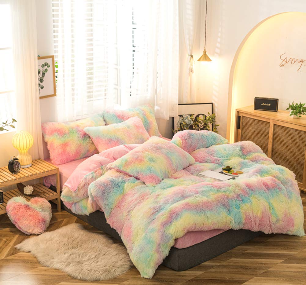 MorroMorn 5 PCS Shaggy Duvet Cover Bedding Set - Fluffy Comforter Cover Long Faux Fur Luxury Ultra Soft Cozy (Rainbow, Full/Queen)