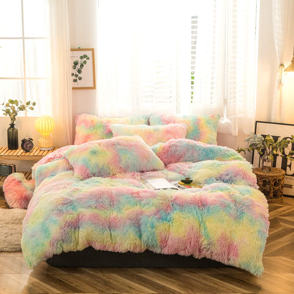 MorroMorn 5 PCS Shaggy Duvet Cover Bedding Set - Fluffy Comforter Cover Long Faux Fur Luxury Ultra Soft Cozy (Rainbow, Full/Queen)