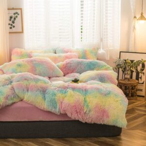 MorroMorn 5 PCS Shaggy Duvet Cover Bedding Set - Fluffy Comforter Cover Long Faux Fur Luxury Ultra Soft Cozy (Rainbow, Full/Queen)