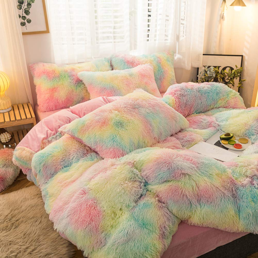 MorroMorn 5 PCS Shaggy Duvet Cover Bedding Set - Fluffy Comforter Cover Long Faux Fur Luxury Ultra Soft Cozy (Rainbow, Full/Queen)