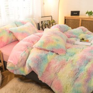 MorroMorn 5 PCS Shaggy Duvet Cover Bedding Set - Fluffy Comforter Cover Long Faux Fur Luxury Ultra Soft Cozy (Rainbow, Full/Queen)