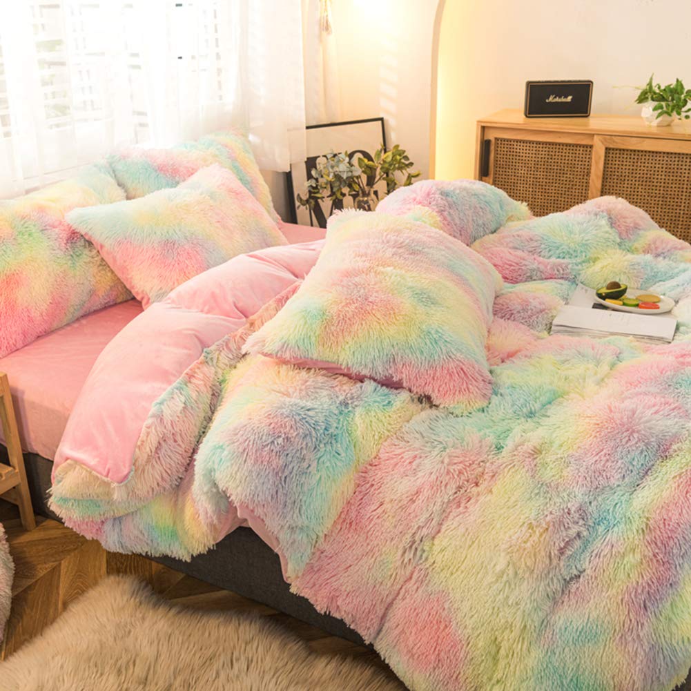 MorroMorn 5 PCS Shaggy Duvet Cover Bedding Set - Fluffy Comforter Cover Long Faux Fur Luxury Ultra Soft Cozy (Rainbow, Full/Queen)