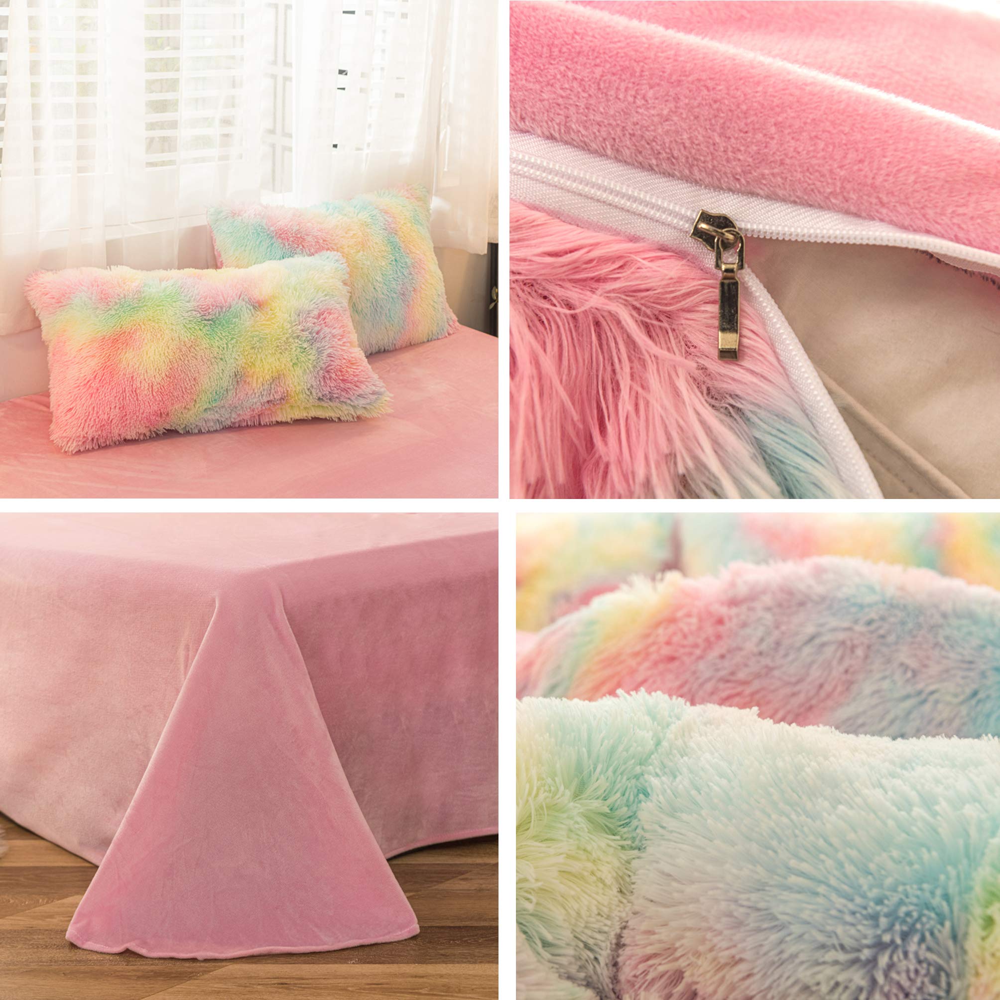 MorroMorn 5 PCS Shaggy Duvet Cover Bedding Set - Fluffy Comforter Cover Long Faux Fur Luxury Ultra Soft Cozy (Rainbow, Full/Queen)