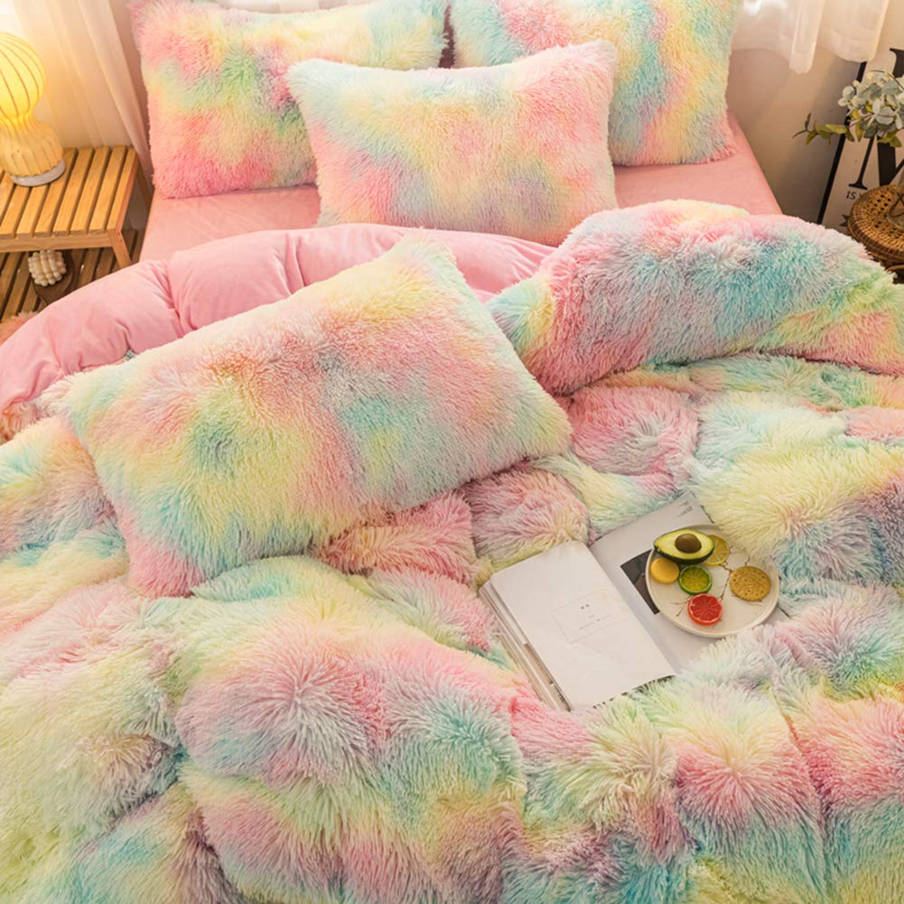 MorroMorn 5 PCS Shaggy Duvet Cover Bedding Set - Fluffy Comforter Cover Long Faux Fur Luxury Ultra Soft Cozy (Rainbow, Full/Queen)