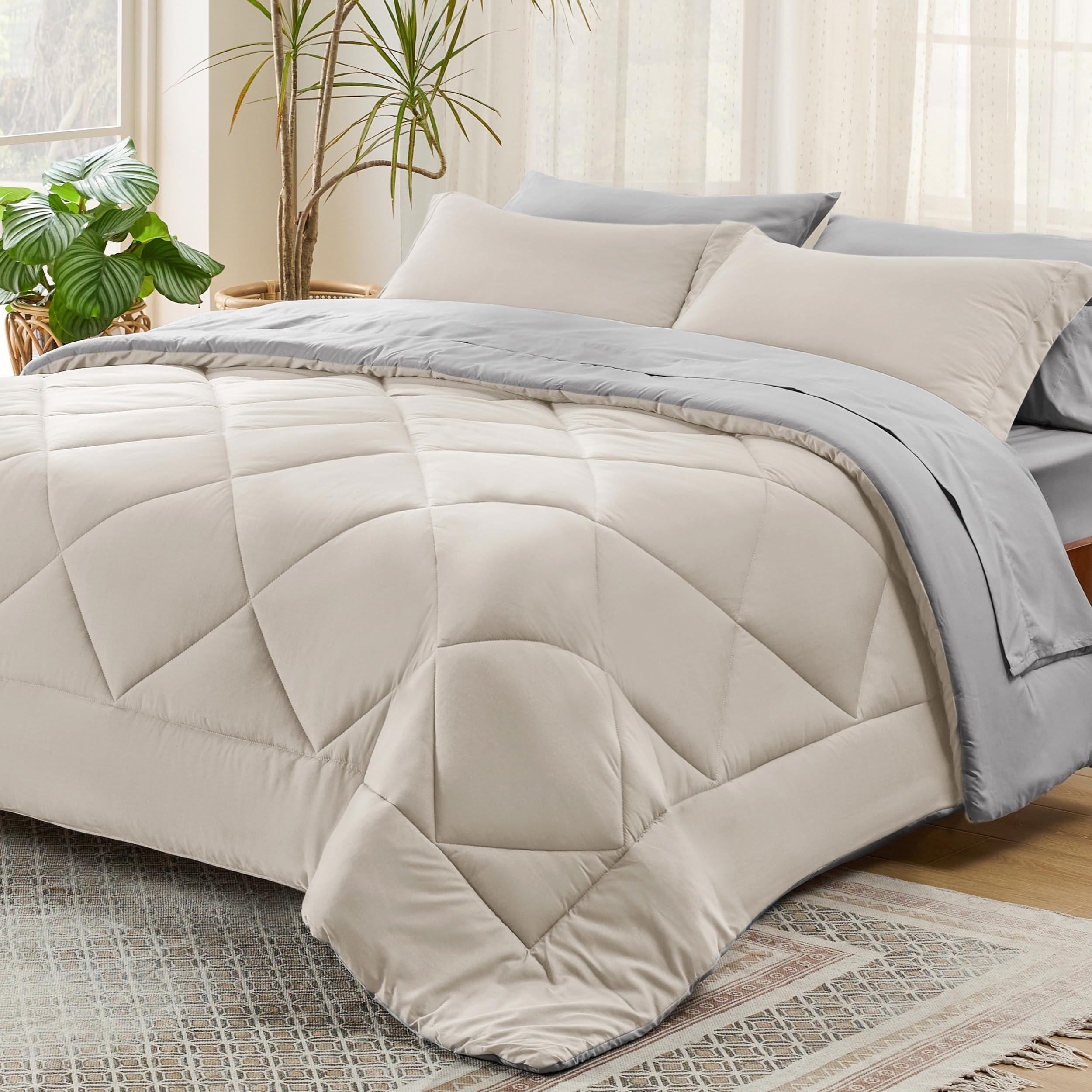 Bedsure Beige Comforter Set - 7 Pieces Reversible Bed in a Bag with Comforters, Sheets, Pillowcases & Shams, Bedding Sets