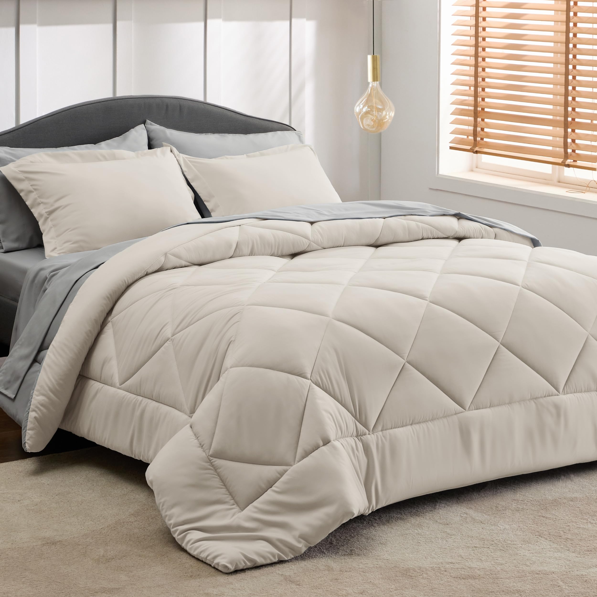 Bedsure Beige Comforter Set - 7 Pieces Reversible Bed in a Bag with Comforters, Sheets, Pillowcases & Shams, Bedding Sets