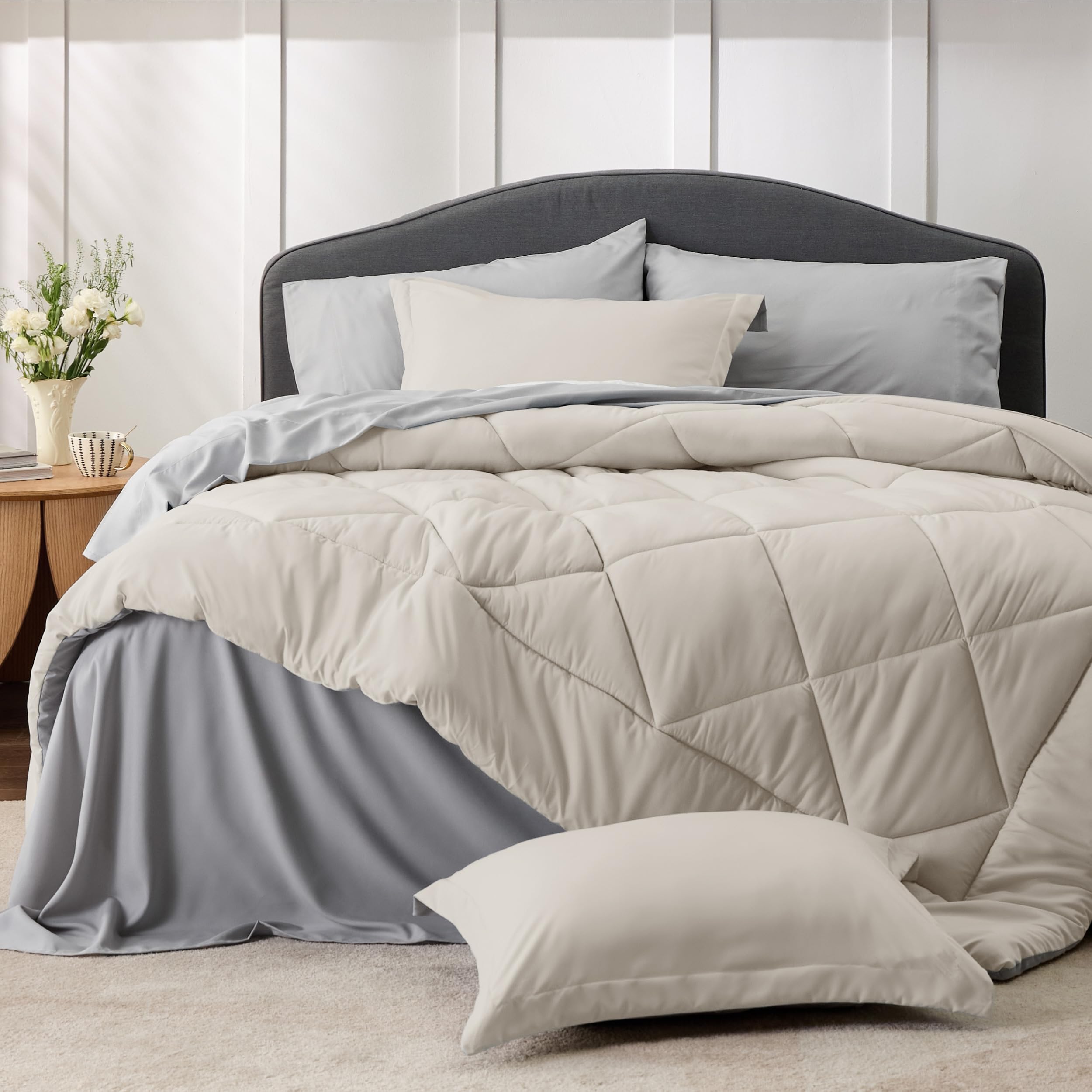 Bedsure Beige Comforter Set - 7 Pieces Reversible Bed in a Bag with Comforters, Sheets, Pillowcases & Shams, Bedding Sets